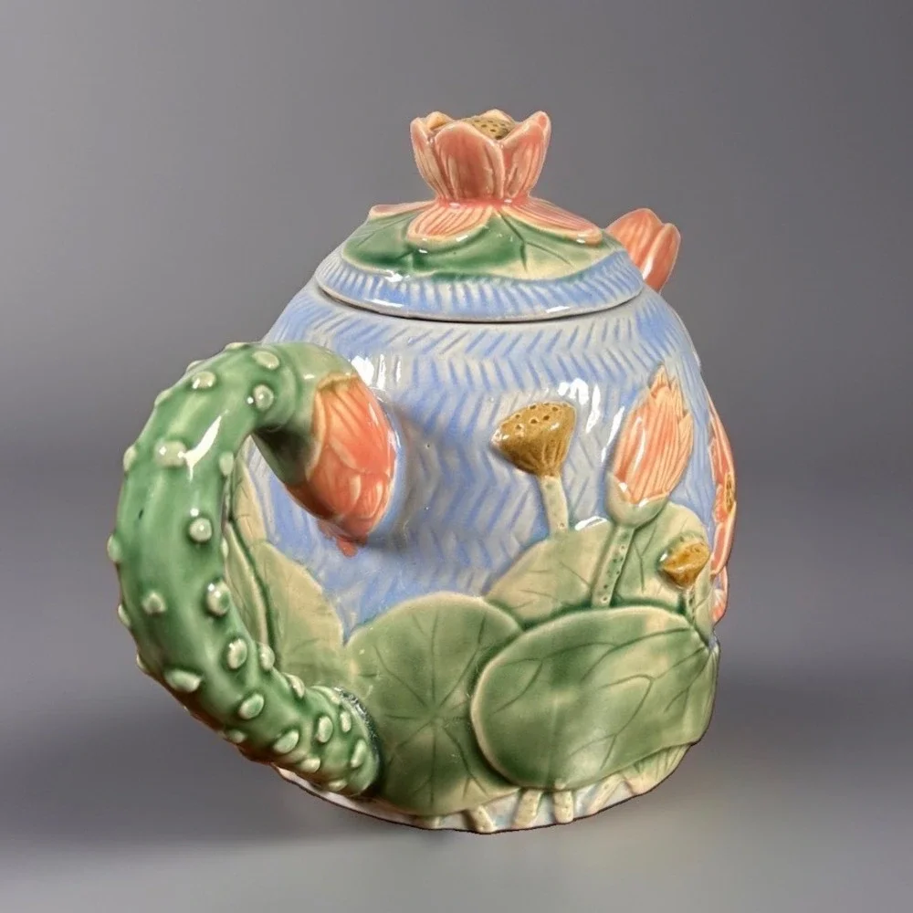 Henriksen Imports Lotus Flower Ceramic Teapot Pink Blue Majolica Style Floral